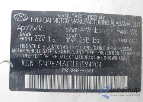 2017 Hyundai Sonata Se from USA, damaged, VIN 5NPE24AF1HH594204